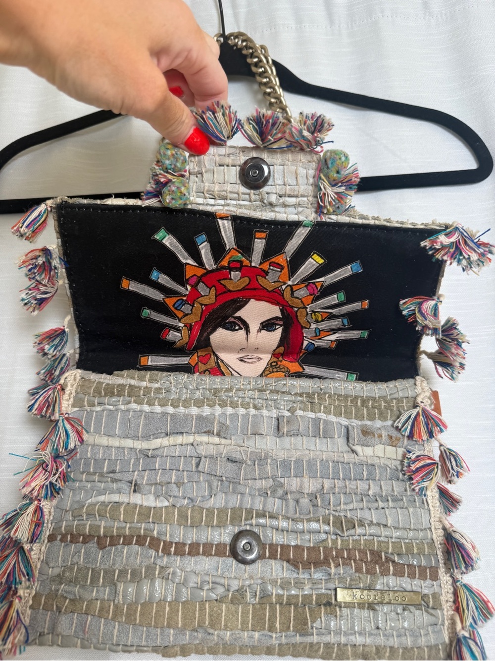 Kooreloo Woven Tassel Crossbody Bag Gray Multi Fringe Chain Designer Handbag - Picture 10 of 17